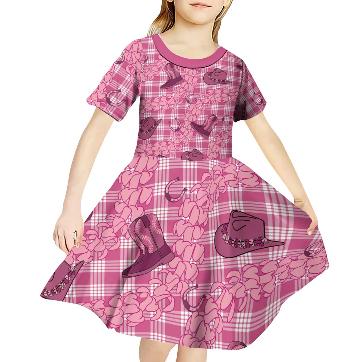 Pink Palaka Hawaii Cowboy Kid Short Sleeve Dress Puakenikeni Lei Paniolo Papale Seamless Vibes LT14 - Polynesian Pride