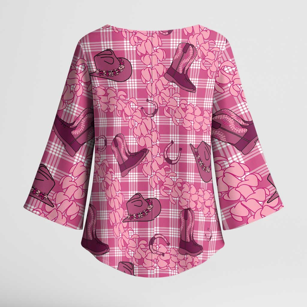 Pink Palaka Hawaii Cowboy Kimono Sleeve Blouse Puakenikeni Lei Paniolo Papale Seamless Vibes LT14 - Polynesian Pride
