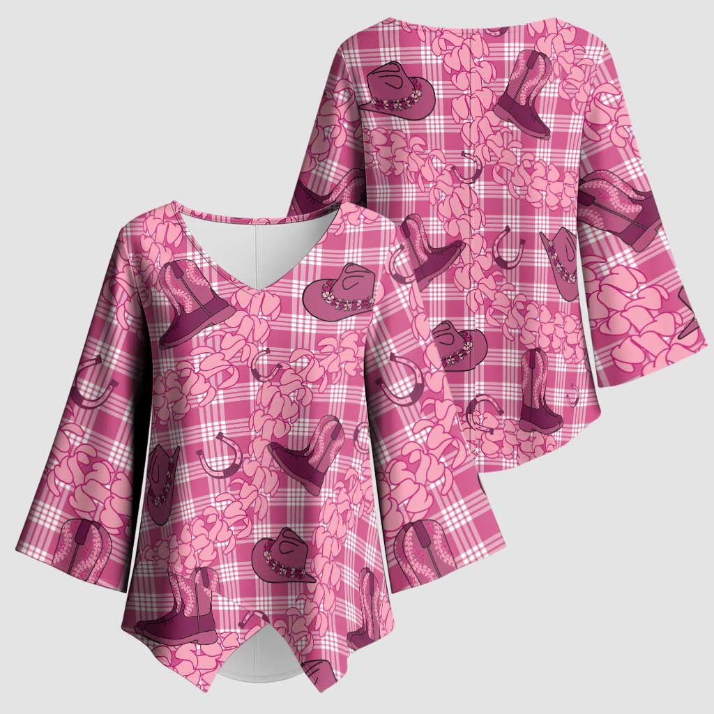 Pink Palaka Hawaii Cowboy Kimono Sleeve Blouse Puakenikeni Lei Paniolo Papale Seamless Vibes LT14 - Polynesian Pride