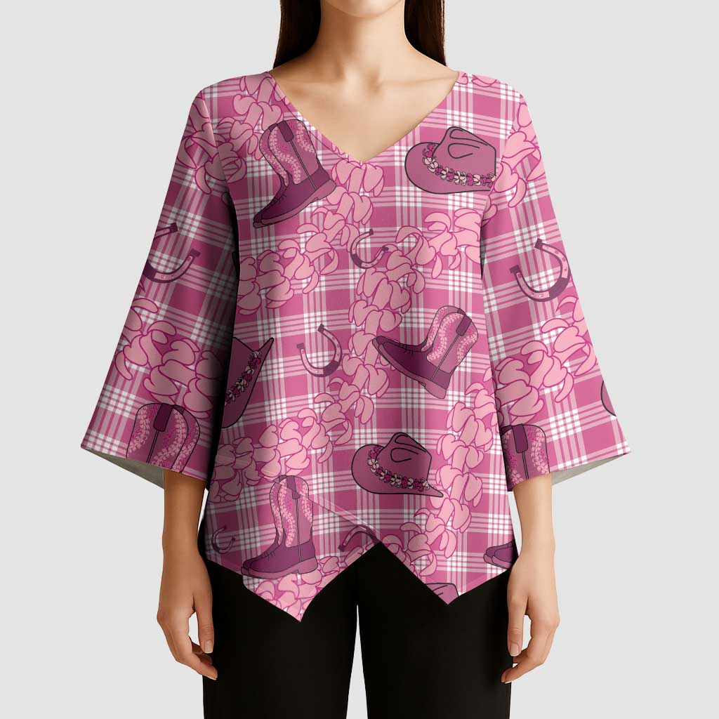 Pink Palaka Hawaii Cowboy Kimono Sleeve Blouse Puakenikeni Lei Paniolo Papale Seamless Vibes LT14 - Polynesian Pride