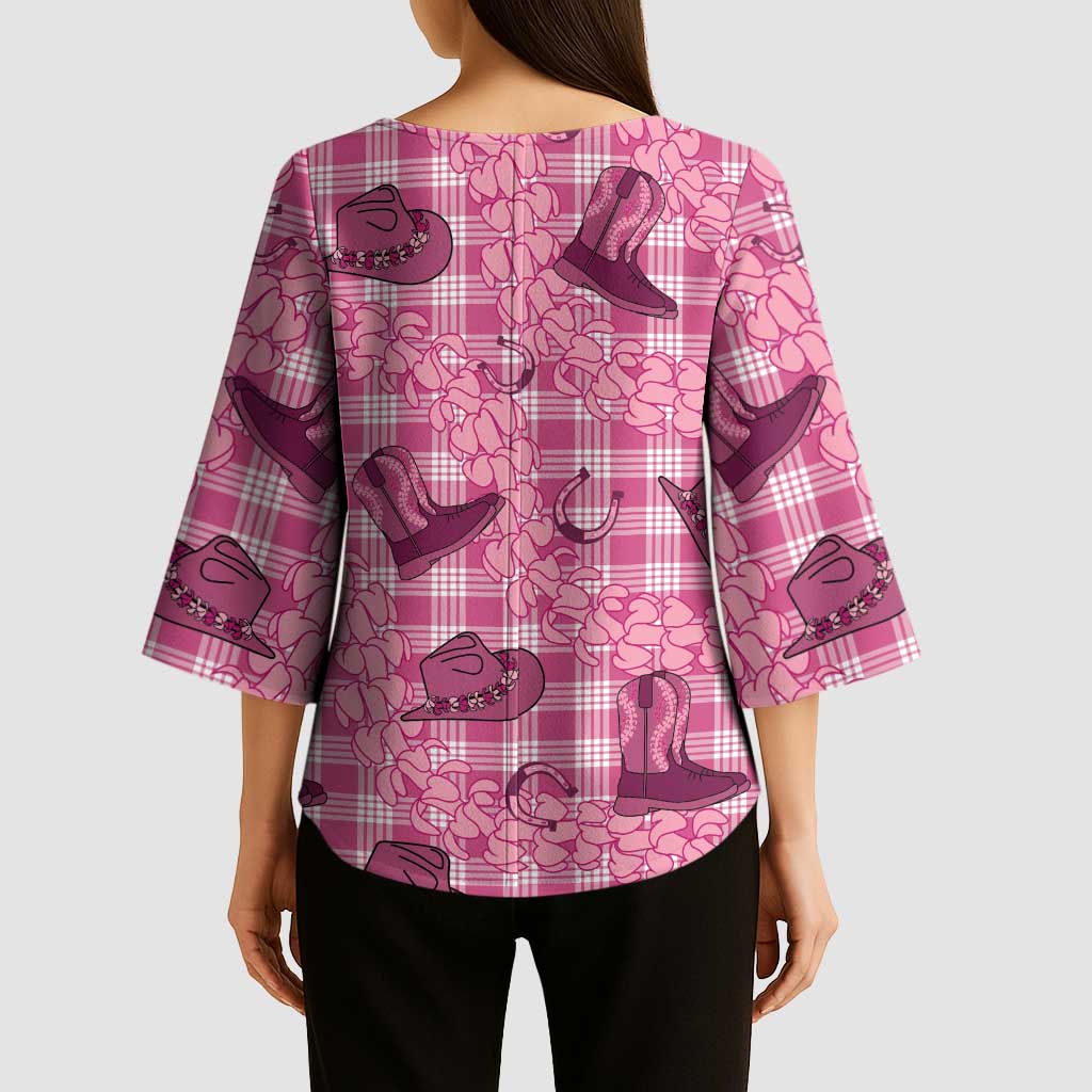 Pink Palaka Hawaii Cowboy Kimono Sleeve Blouse Puakenikeni Lei Paniolo Papale Seamless Vibes LT14 - Polynesian Pride