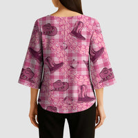 Pink Palaka Hawaii Cowboy Kimono Sleeve Blouse Puakenikeni Lei Paniolo Papale Seamless Vibes LT14 - Polynesian Pride