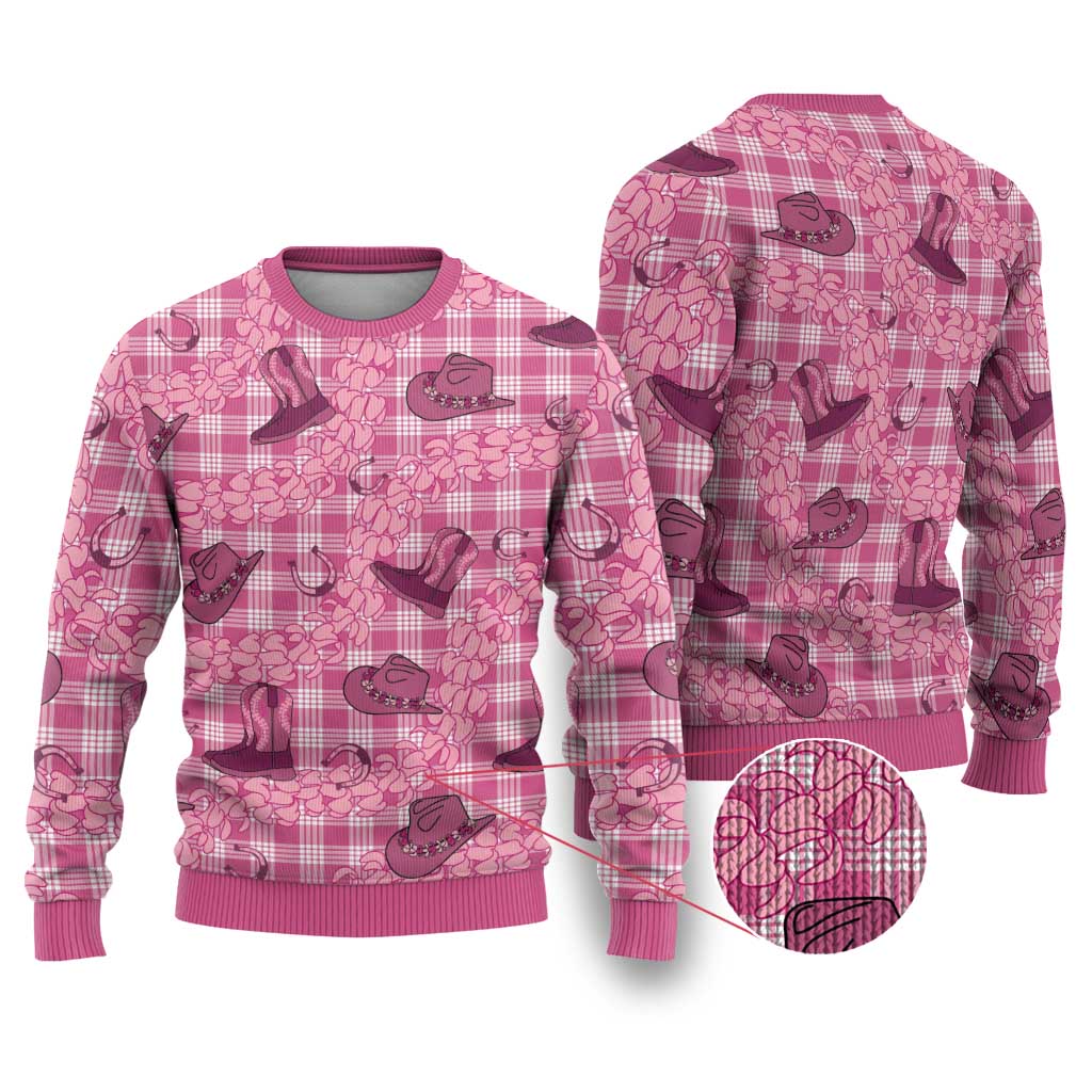 Pink Palaka Hawaii Cowboy Ugly Christmas Sweater Puakenikeni Lei Paniolo Papale Seamless Vibes LT14 Pink - Polynesian Pride