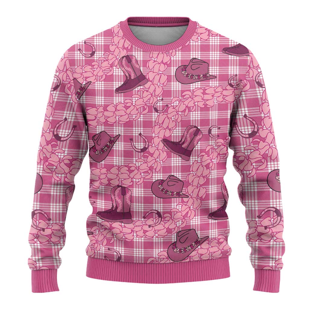 Pink Palaka Hawaii Cowboy Ugly Christmas Sweater Puakenikeni Lei Paniolo Papale Seamless Vibes LT14 - Polynesian Pride