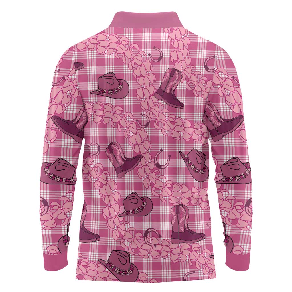 Pink Palaka Hawaii Cowboy Long Sleeve Polo Shirt Puakenikeni Lei Paniolo Papale Seamless Vibes LT14 - Polynesian Pride