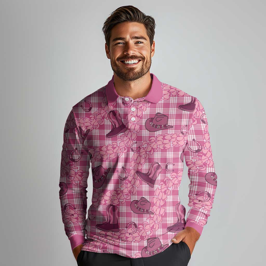 Pink Palaka Hawaii Cowboy Long Sleeve Polo Shirt Puakenikeni Lei Paniolo Papale Seamless Vibes LT14 - Polynesian Pride