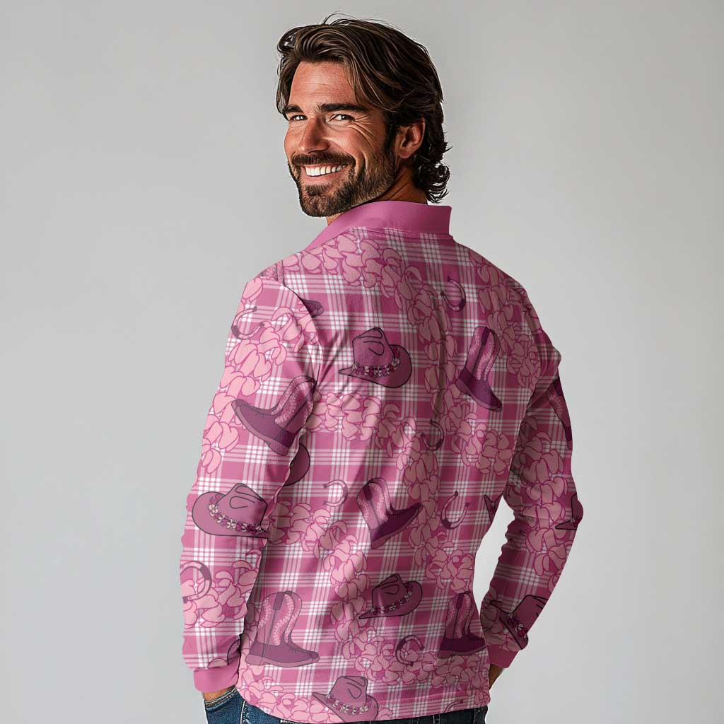 Pink Palaka Hawaii Cowboy Long Sleeve Polo Shirt Puakenikeni Lei Paniolo Papale Seamless Vibes LT14 - Polynesian Pride