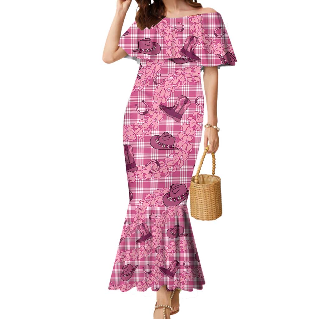 Pink Palaka Hawaii Cowboy Mermaid Dress Puakenikeni Lei Paniolo Papale Seamless Vibes - Polynesian Pride