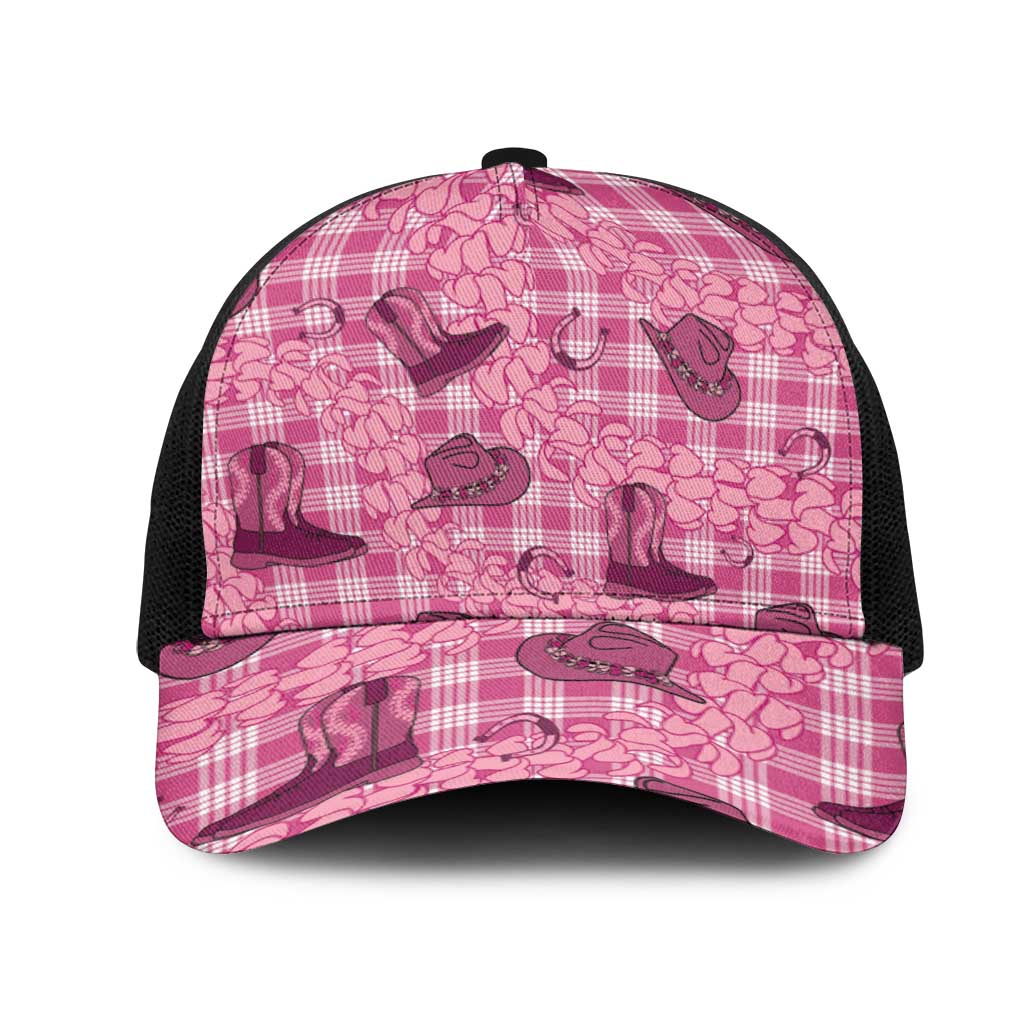 Pink Palaka Hawaii Cowboy Mesh Trucker Cap Puakenikeni Lei Paniolo Papale Seamless Vibes - Polynesian Pride