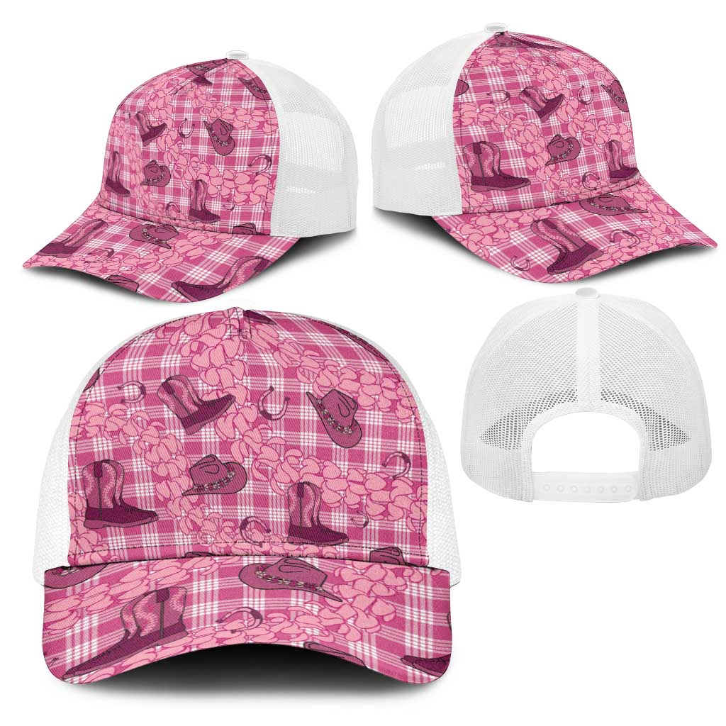 Pink Palaka Hawaii Cowboy Mesh Trucker Cap Puakenikeni Lei Paniolo Papale Seamless Vibes - Polynesian Pride