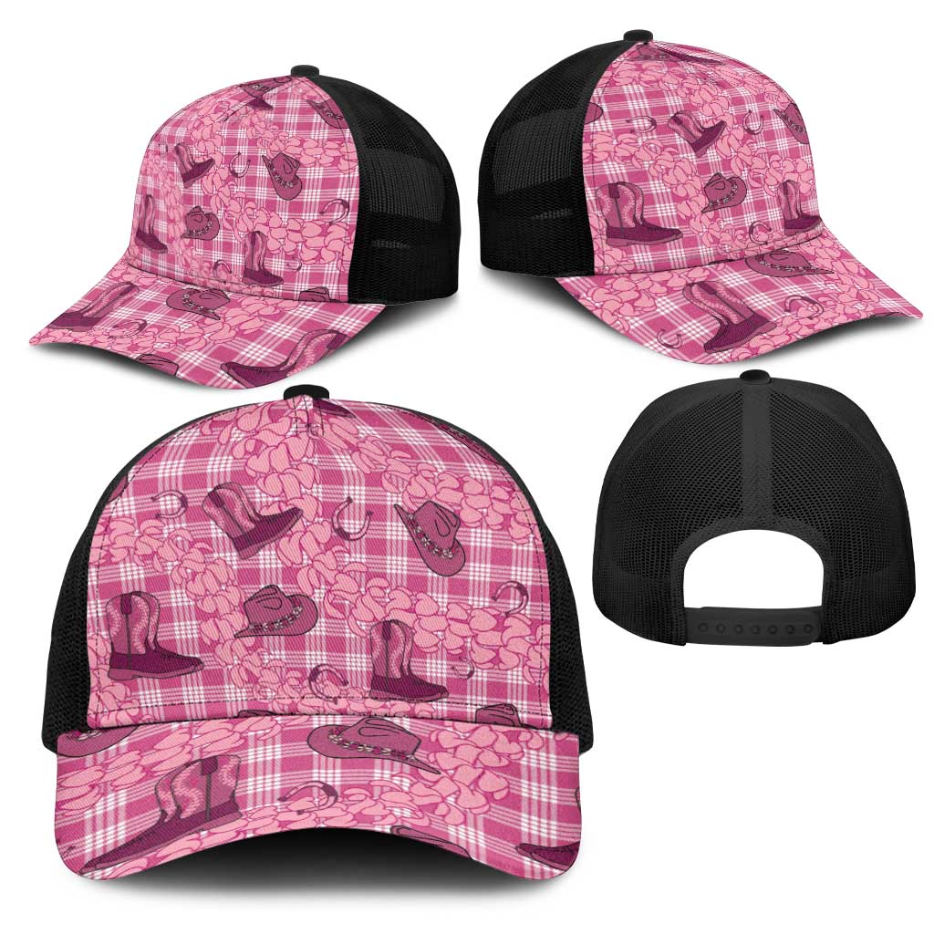 Pink Palaka Hawaii Cowboy Mesh Trucker Cap Puakenikeni Lei Paniolo Papale Seamless Vibes - Polynesian Pride