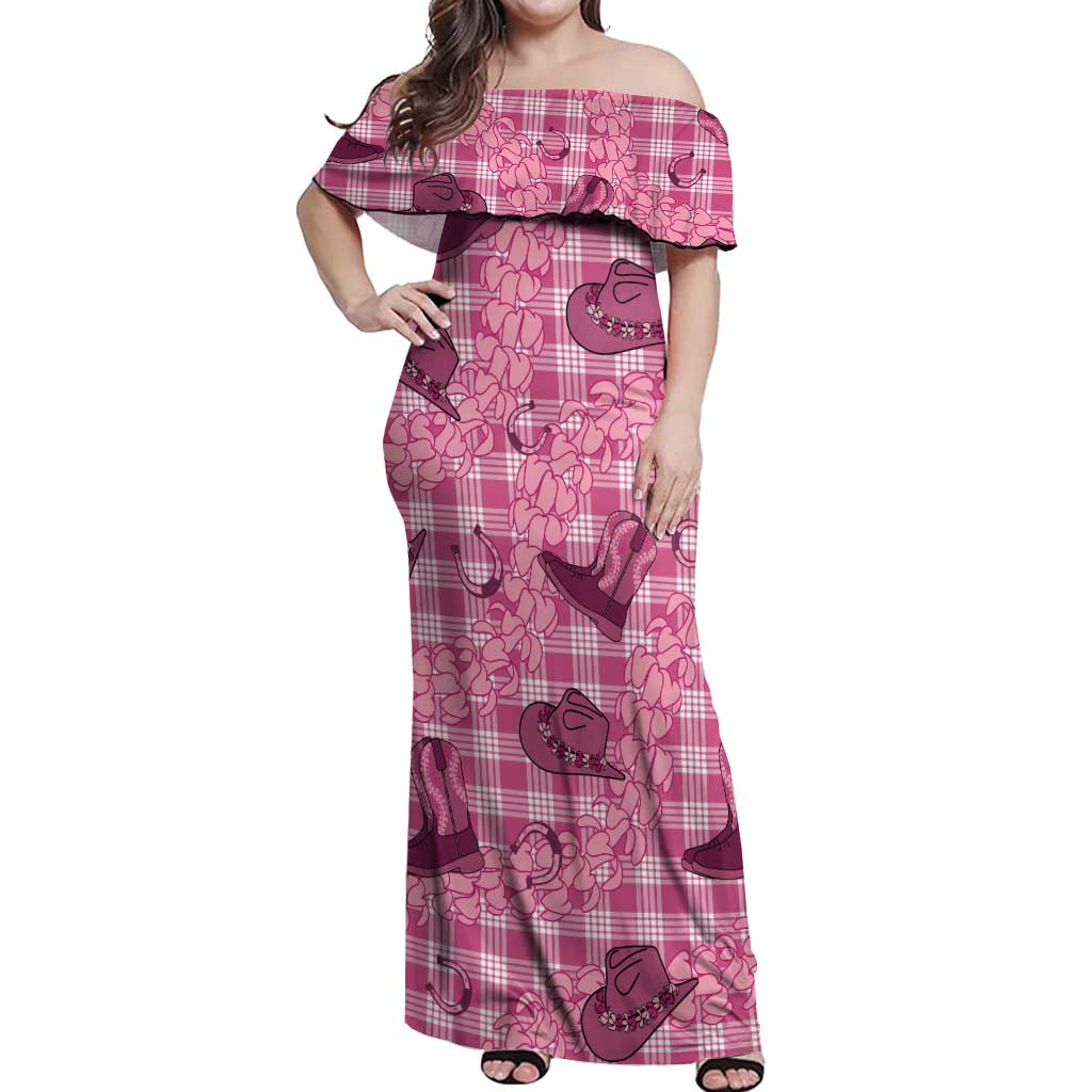 Pink Palaka Hawaii Cowboy Off Shoulder Maxi Dress Puakenikeni Lei Paniolo Papale Seamless Vibes LT14 Women Pink - Polynesian Pride