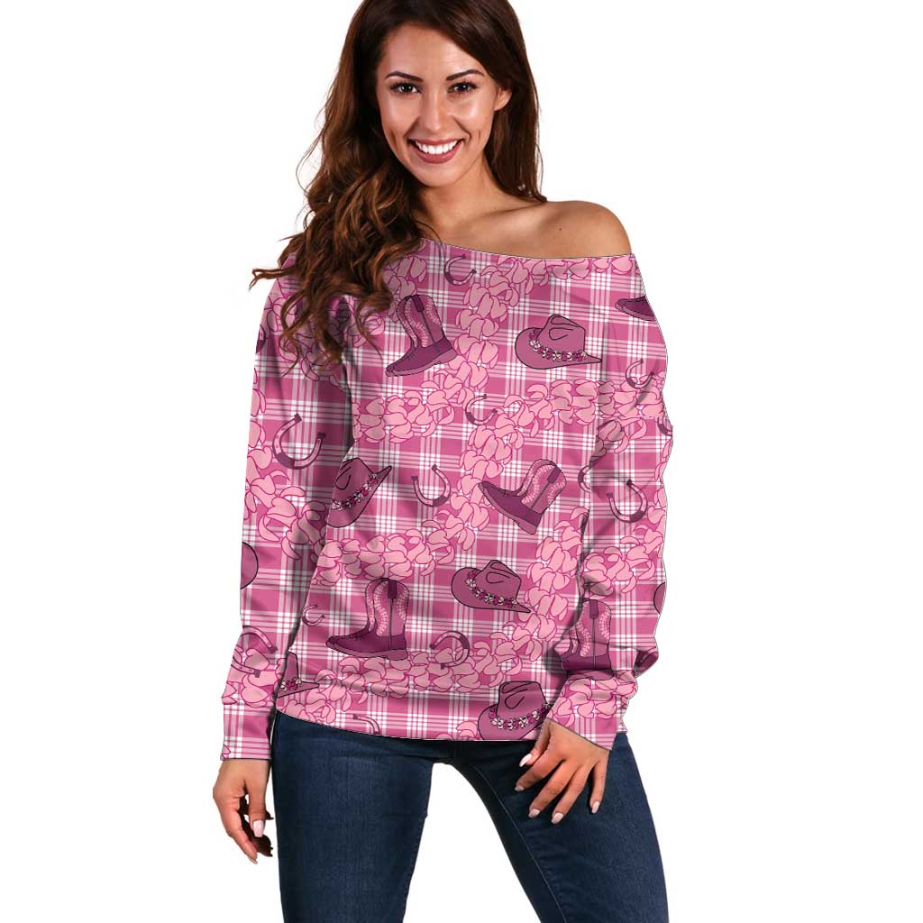 Pink Palaka Hawaii Cowboy Off Shoulder Sweater Puakenikeni Lei Paniolo Papale Seamless Vibes LT14 Women Pink - Polynesian Pride