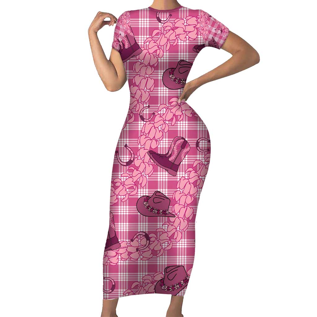 Pink Palaka Hawaii Cowboy Short Sleeve Bodycon Dress Puakenikeni Lei Paniolo Papale Seamless Vibes LT14 Long Dress Pink - Polynesian Pride