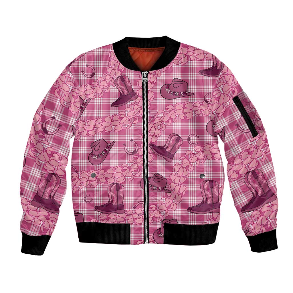 Pink Palaka Hawaii Cowboy Sleeve Zip Bomber Jacket Puakenikeni Lei Paniolo Papale Seamless Vibes LT14 Unisex Pink - Polynesian Pride