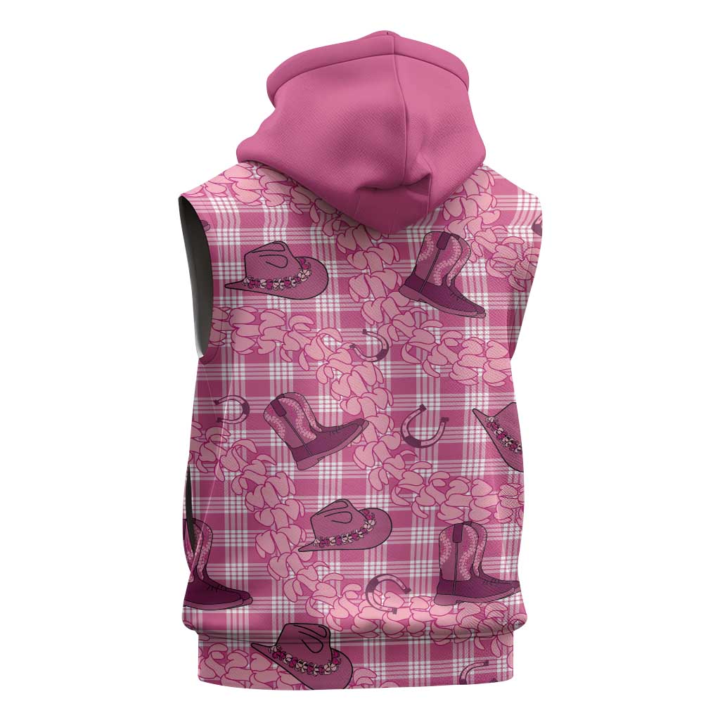 Pink Palaka Hawaii Cowboy Sleeveless Zip Hoodie Puakenikeni Lei Paniolo Papale Seamless Vibes LT14 - Polynesian Pride