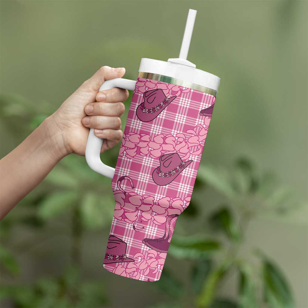 Pink Palaka Hawaii Cowboy Tumbler With Handle Puakenikeni Lei Paniolo Papale Seamless Vibes LT14 - Polynesian Pride