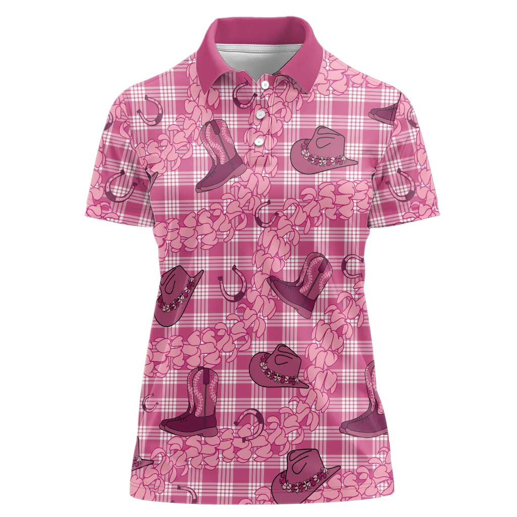Pink Palaka Hawaii Cowboy Women Polo Shirt Puakenikeni Lei Paniolo Papale Seamless Vibes - Polynesian Pride