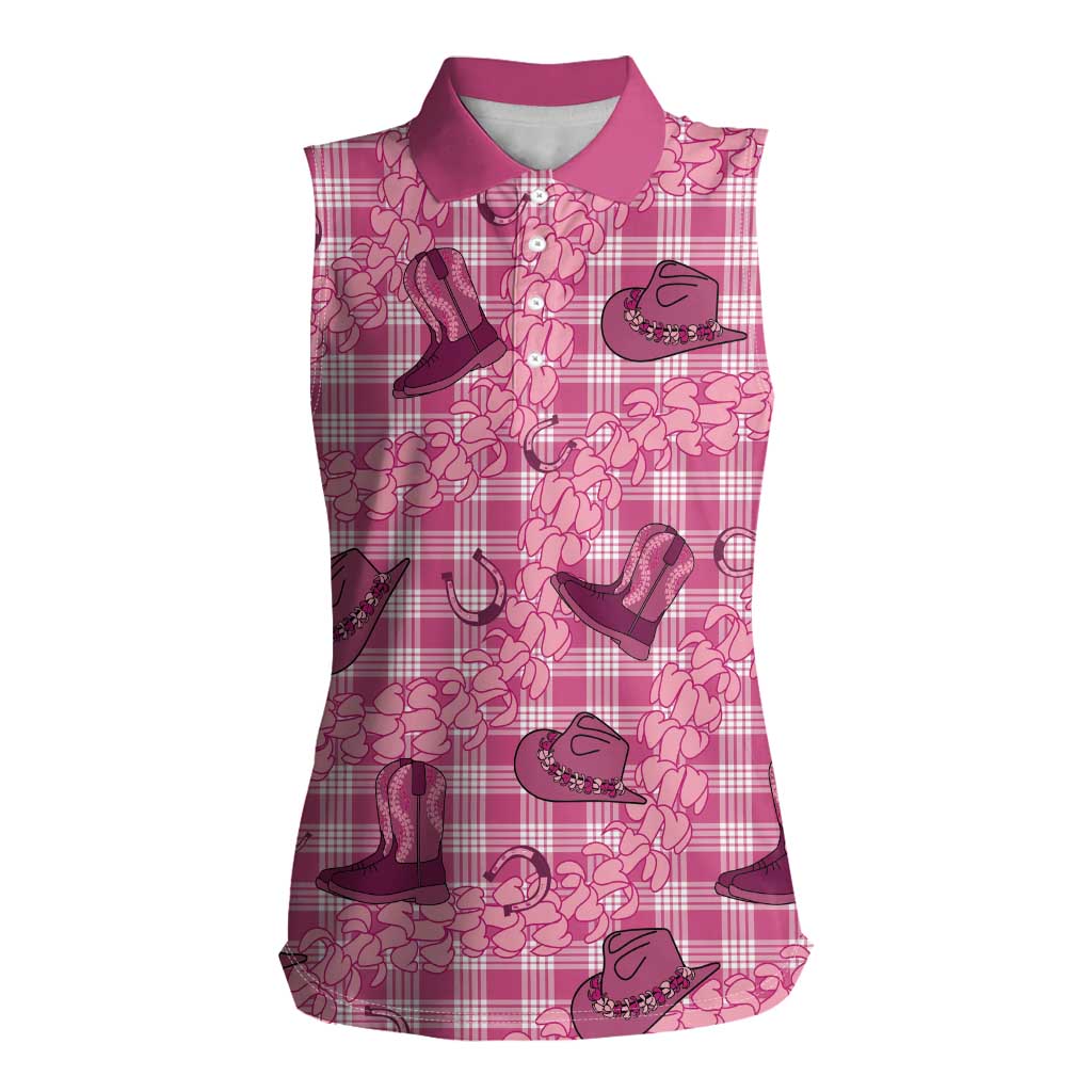 Pink Palaka Hawaii Cowboy Women Sleeveless Polo Shirt Puakenikeni Lei Paniolo Papale Seamless Vibes LT14 Female Pink - Polynesian Pride