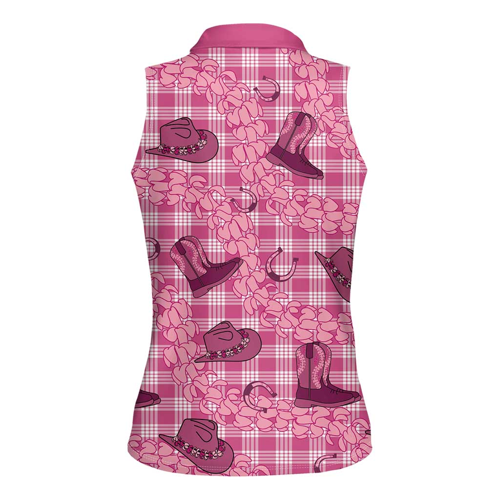 Pink Palaka Hawaii Cowboy Women Sleeveless Polo Shirt Puakenikeni Lei Paniolo Papale Seamless Vibes LT14 - Polynesian Pride