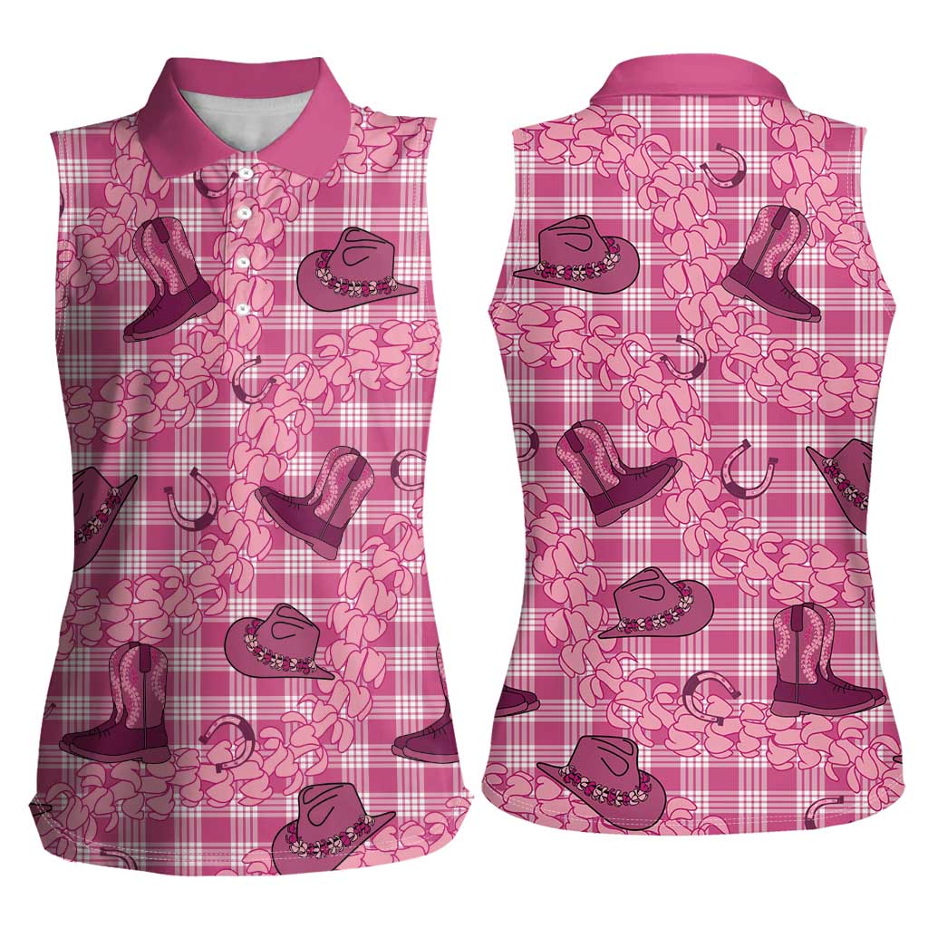 Pink Palaka Hawaii Cowboy Women Sleeveless Polo Shirt Puakenikeni Lei Paniolo Papale Seamless Vibes LT14 - Polynesian Pride