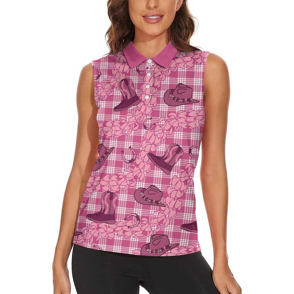 Pink Palaka Hawaii Cowboy Women Sleeveless Polo Shirt Puakenikeni Lei Paniolo Papale Seamless Vibes LT14 - Polynesian Pride