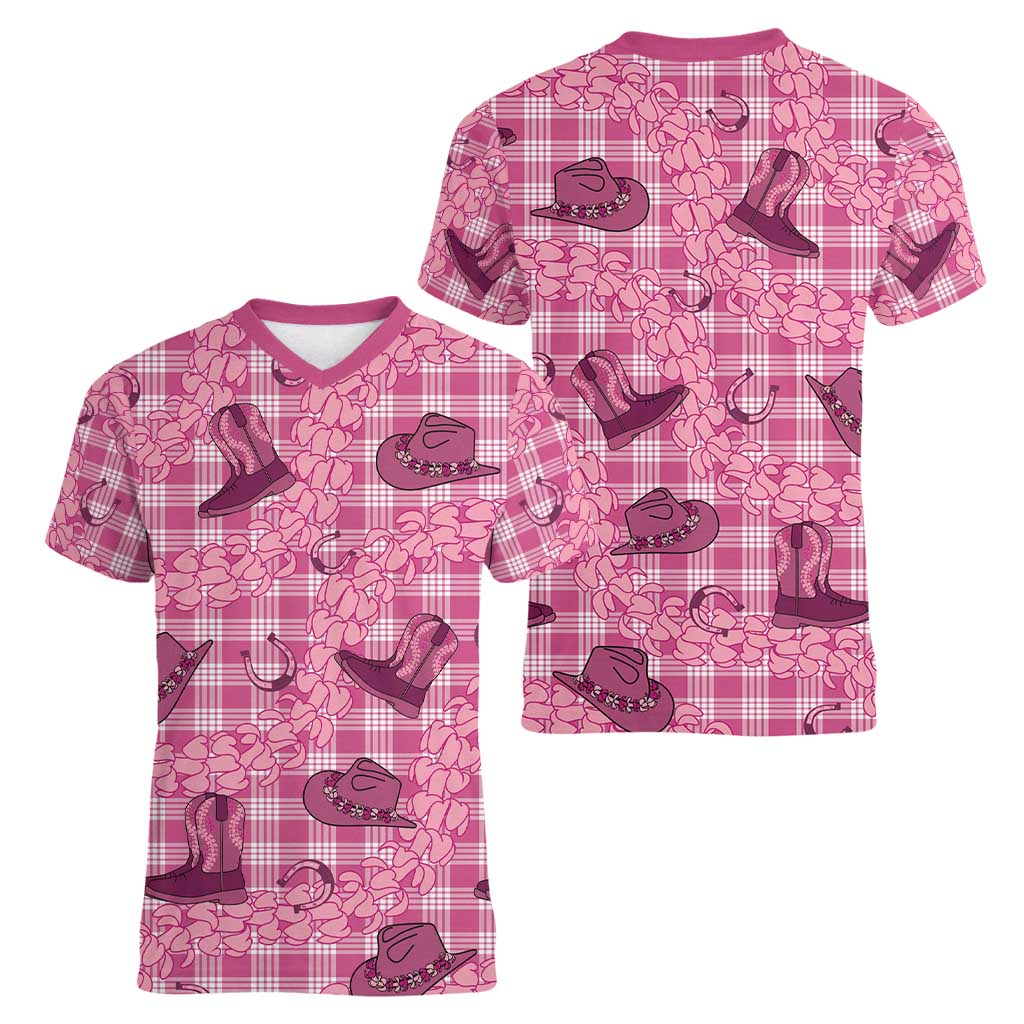 Pink Palaka Hawaii Cowboy Women V-Neck T-Shirt Puakenikeni Lei Paniolo Papale Seamless Vibes LT14 - Polynesian Pride