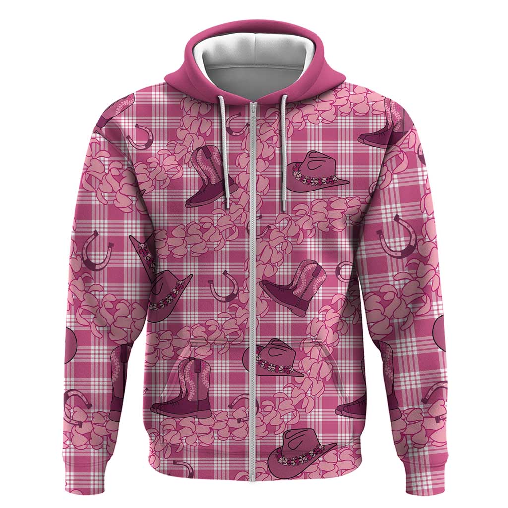 Pink Palaka Hawaii Cowboy Zip Hoodie Puakenikeni Lei Paniolo Papale Seamless Vibes LT14 Zip Hoodie Pink - Polynesian Pride