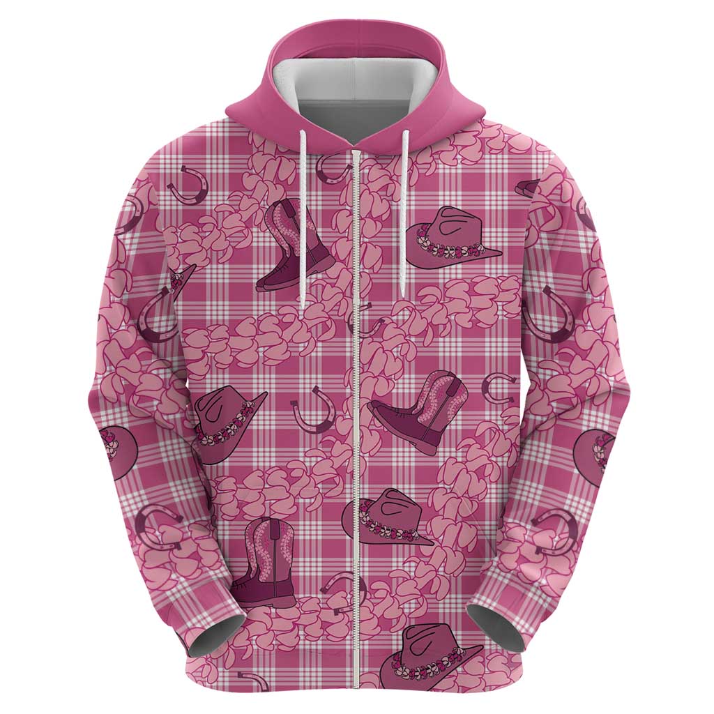 Pink Palaka Hawaii Cowboy Zip Hoodie Puakenikeni Lei Paniolo Papale Seamless Vibes LT14 - Polynesian Pride