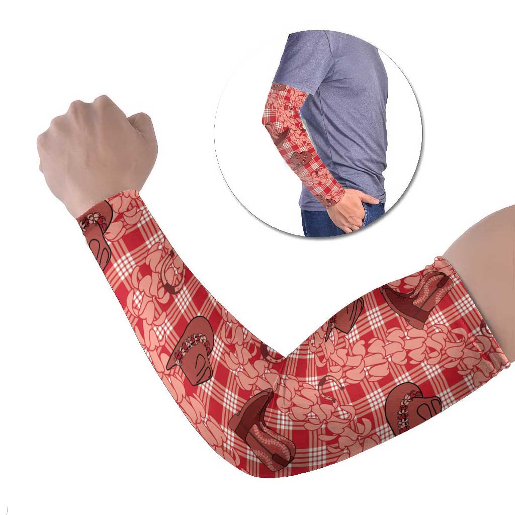 Red Palaka Hawaii Cowboy Arm Sleeves Puakenikeni Lei Paniolo Papale Seamless Vibes LT14 Set of 2 Red - Polynesian Pride