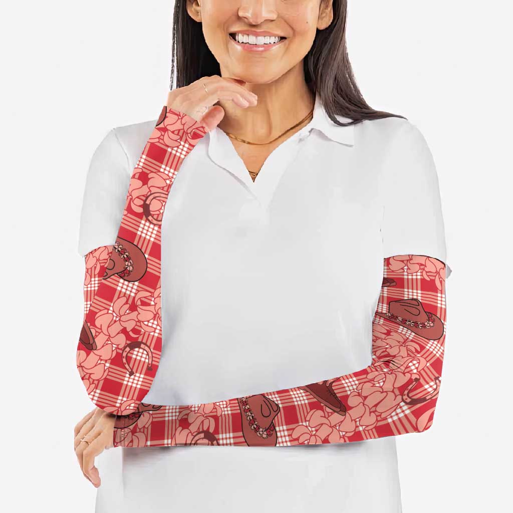 Red Palaka Hawaii Cowboy Arm Sleeves Puakenikeni Lei Paniolo Papale Seamless Vibes LT14 - Polynesian Pride