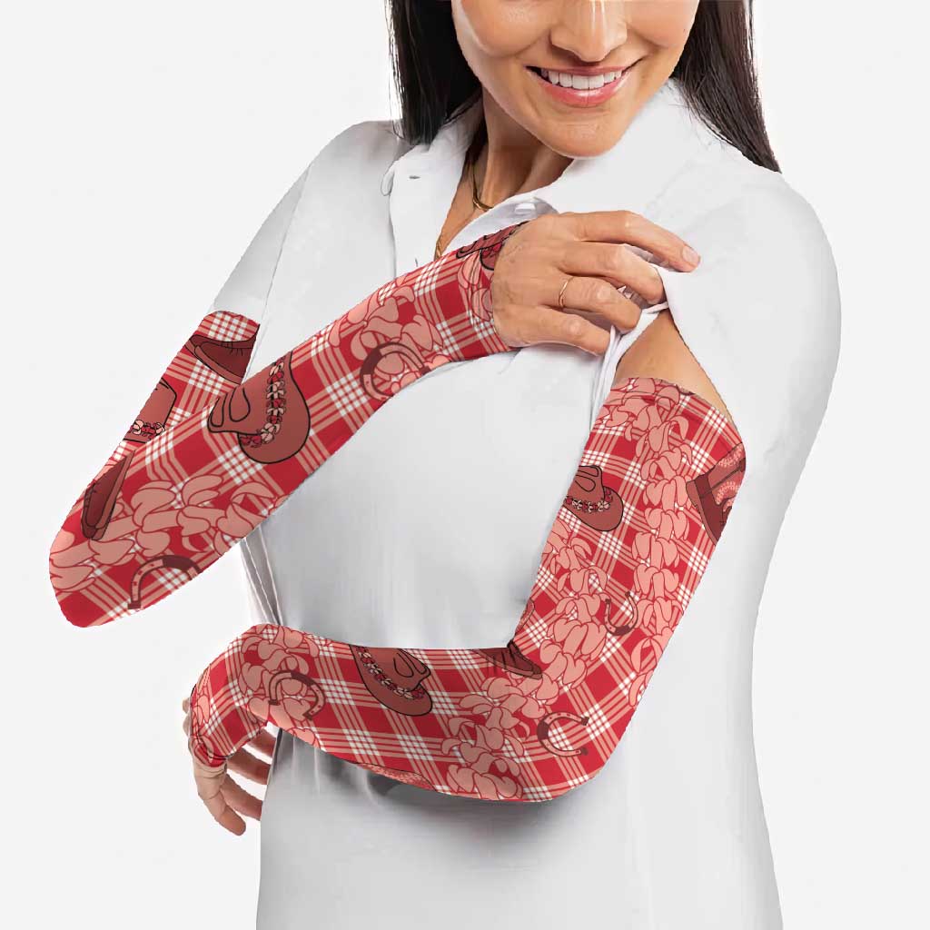 Red Palaka Hawaii Cowboy Arm Sleeves Puakenikeni Lei Paniolo Papale Seamless Vibes LT14 - Polynesian Pride