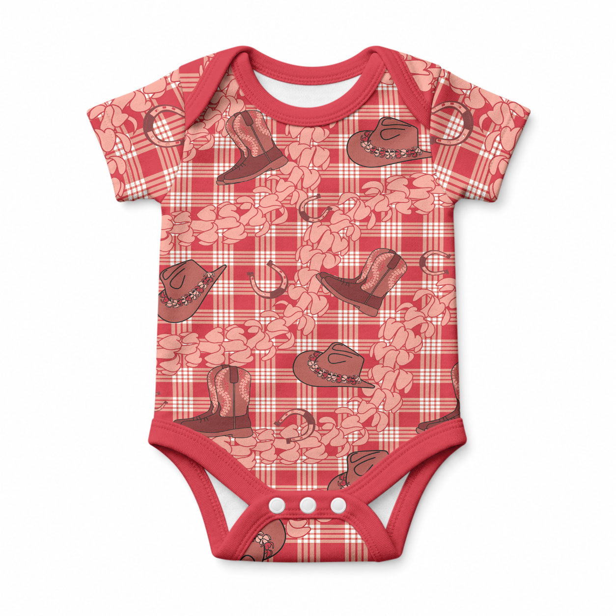 Red Palaka Hawaii Cowboy Baby Onesie Puakenikeni Lei Paniolo Papale Seamless Vibes