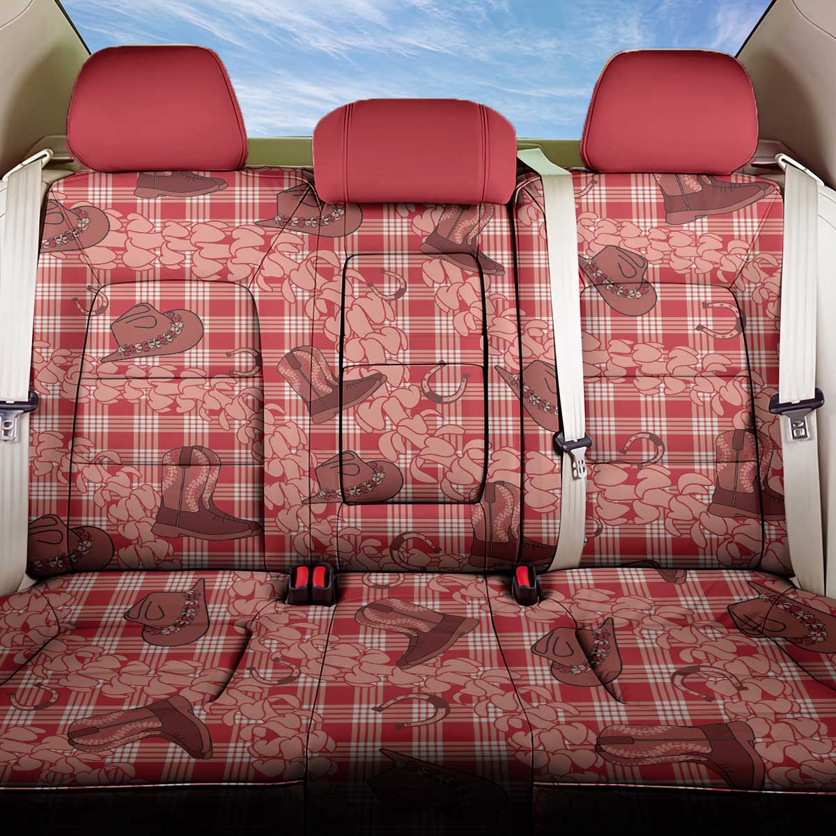 Red Palaka Hawaii Cowboy Back Car Seat Cover Puakenikeni Lei Paniolo Papale Seamless Vibes LT14 One Size Red - Polynesian Pride