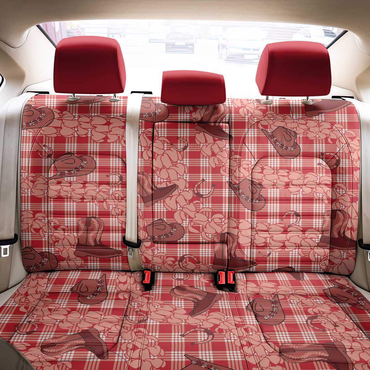Red Palaka Hawaii Cowboy Back Car Seat Cover Puakenikeni Lei Paniolo Papale Seamless Vibes LT14 - Polynesian Pride