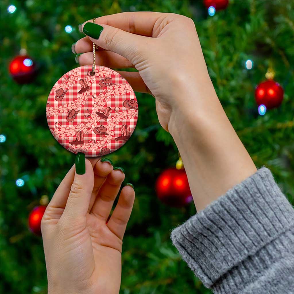 Red Palaka Hawaii Cowboy Ceramic Ornament Puakenikeni Lei Paniolo Papale Seamless Vibes - Polynesian Pride