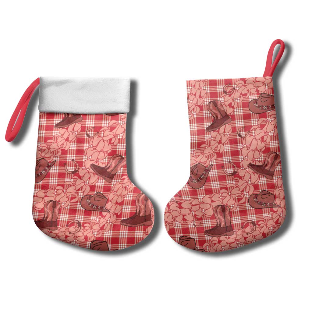 Red Palaka Hawaii Cowboy Christmas Stocking Puakenikeni Lei Paniolo Papale Seamless Vibes LT14 - Polynesian Pride