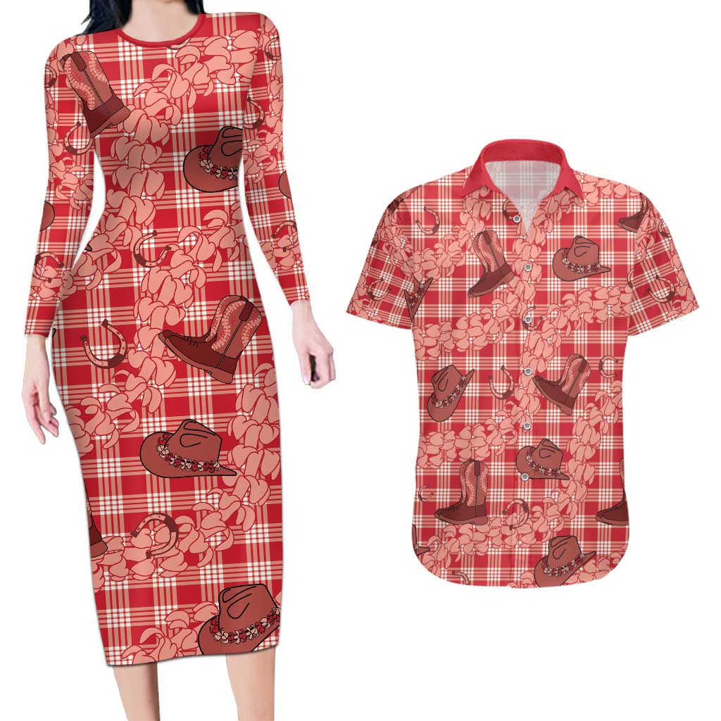 Red Palaka Hawaii Cowboy Couples Matching Long Sleeve Bodycon Dress and Hawaiian Shirt Puakenikeni Lei Paniolo Papale Seamless Vibes LT14 Red - Polynesian Pride