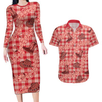 Red Palaka Hawaii Cowboy Couples Matching Long Sleeve Bodycon Dress and Hawaiian Shirt Puakenikeni Lei Paniolo Papale Seamless Vibes LT14 Red - Polynesian Pride