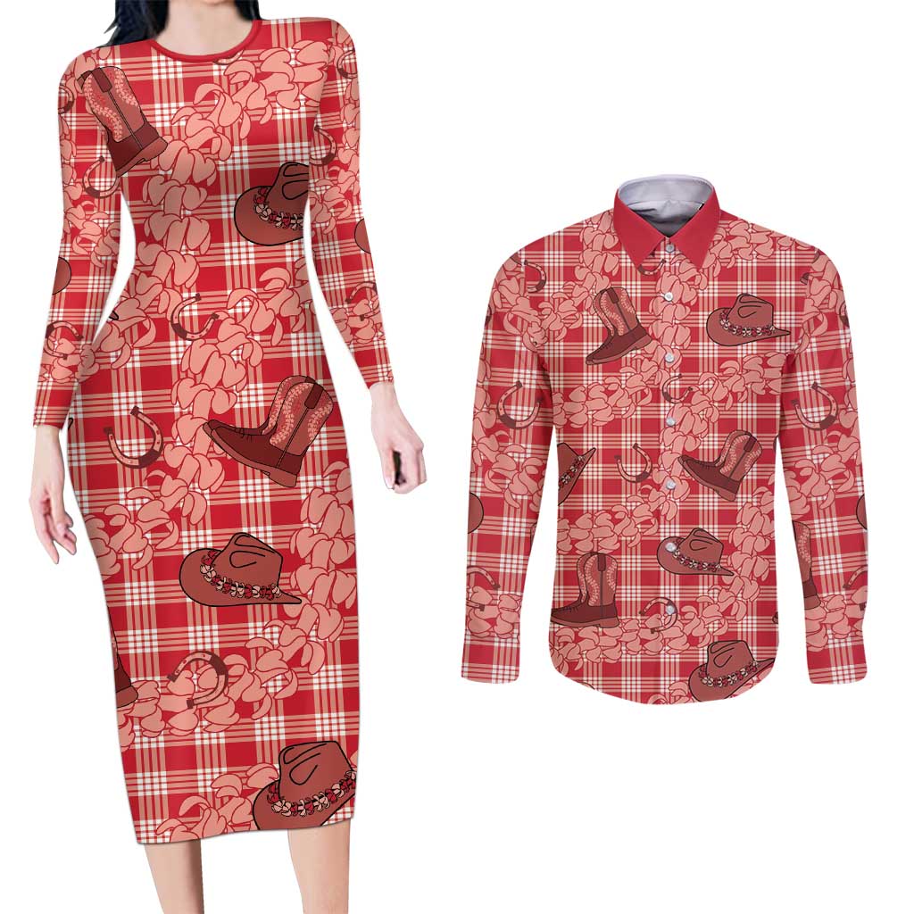 Red Palaka Hawaii Cowboy Couples Matching Long Sleeve Bodycon Dress and Long Sleeve Button Shirt Puakenikeni Lei Paniolo Papale Seamless Vibes LT14 Red - Polynesian Pride
