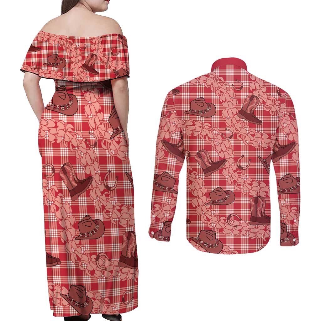 Red Palaka Hawaii Cowboy Couples Matching Off Shoulder Maxi Dress and Long Sleeve Button Shirt Puakenikeni Lei Paniolo Papale Seamless Vibes LT14 - Polynesian Pride