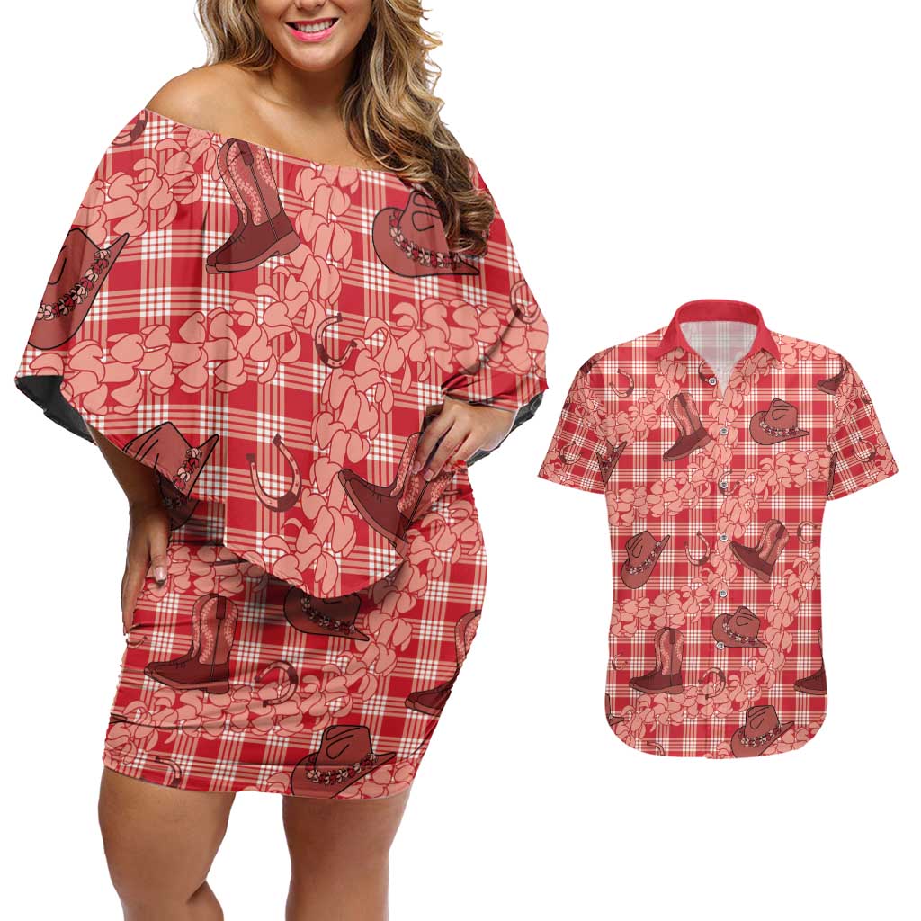 Red Palaka Hawaii Cowboy Couples Matching Off Shoulder Short Dress and Hawaiian Shirt Puakenikeni Lei Paniolo Papale Seamless Vibes - Polynesian Pride
