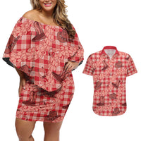 Red Palaka Hawaii Cowboy Couples Matching Off Shoulder Short Dress and Hawaiian Shirt Puakenikeni Lei Paniolo Papale Seamless Vibes LT14 Red - Polynesian Pride
