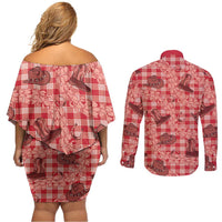 Red Palaka Hawaii Cowboy Couples Matching Off Shoulder Short Dress and Long Sleeve Button Shirt Puakenikeni Lei Paniolo Papale Seamless Vibes LT14 - Polynesian Pride