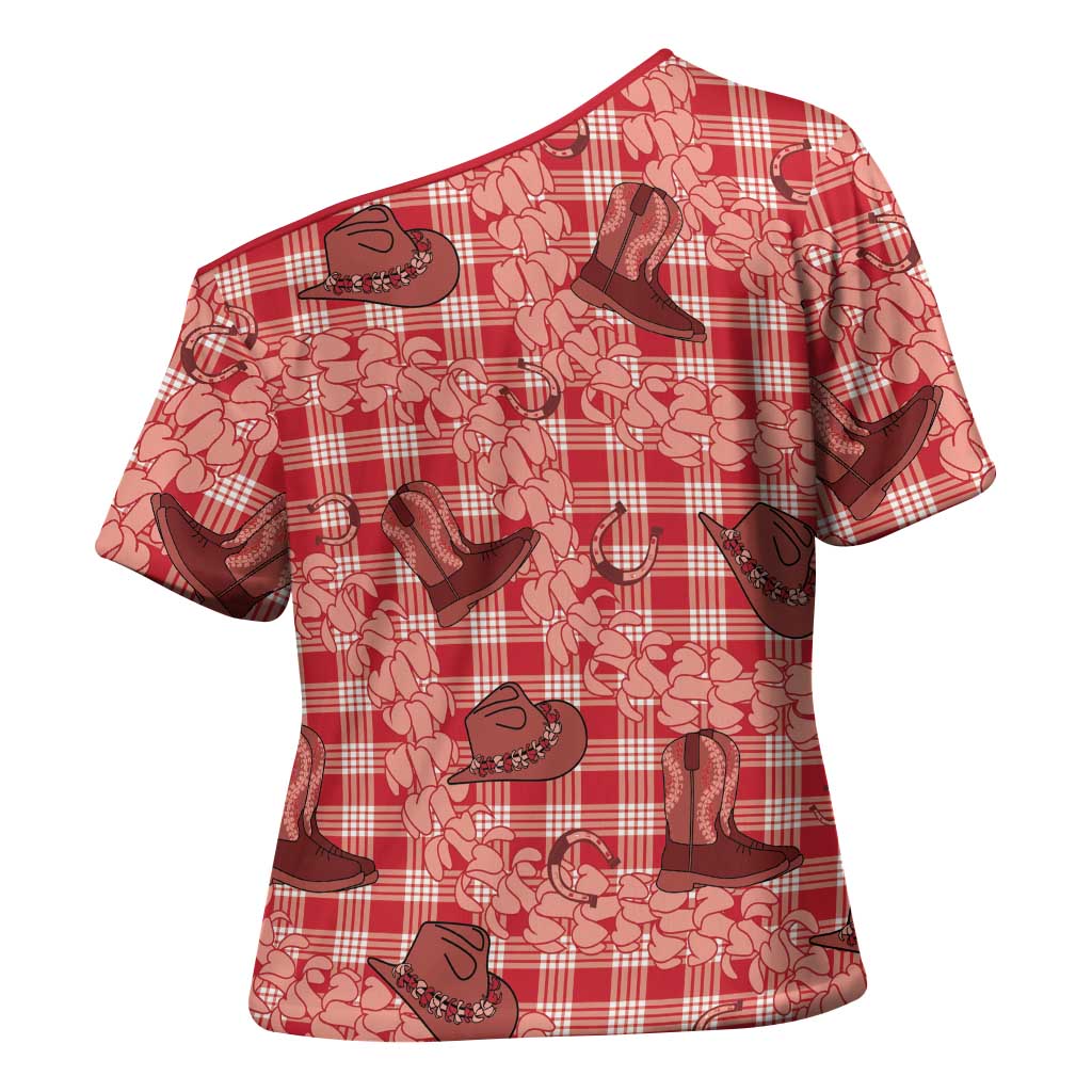 Red Palaka Hawaii Cowboy Cross Shoulder Shirt Puakenikeni Lei Paniolo Papale Seamless Vibes LT14 - Polynesian Pride