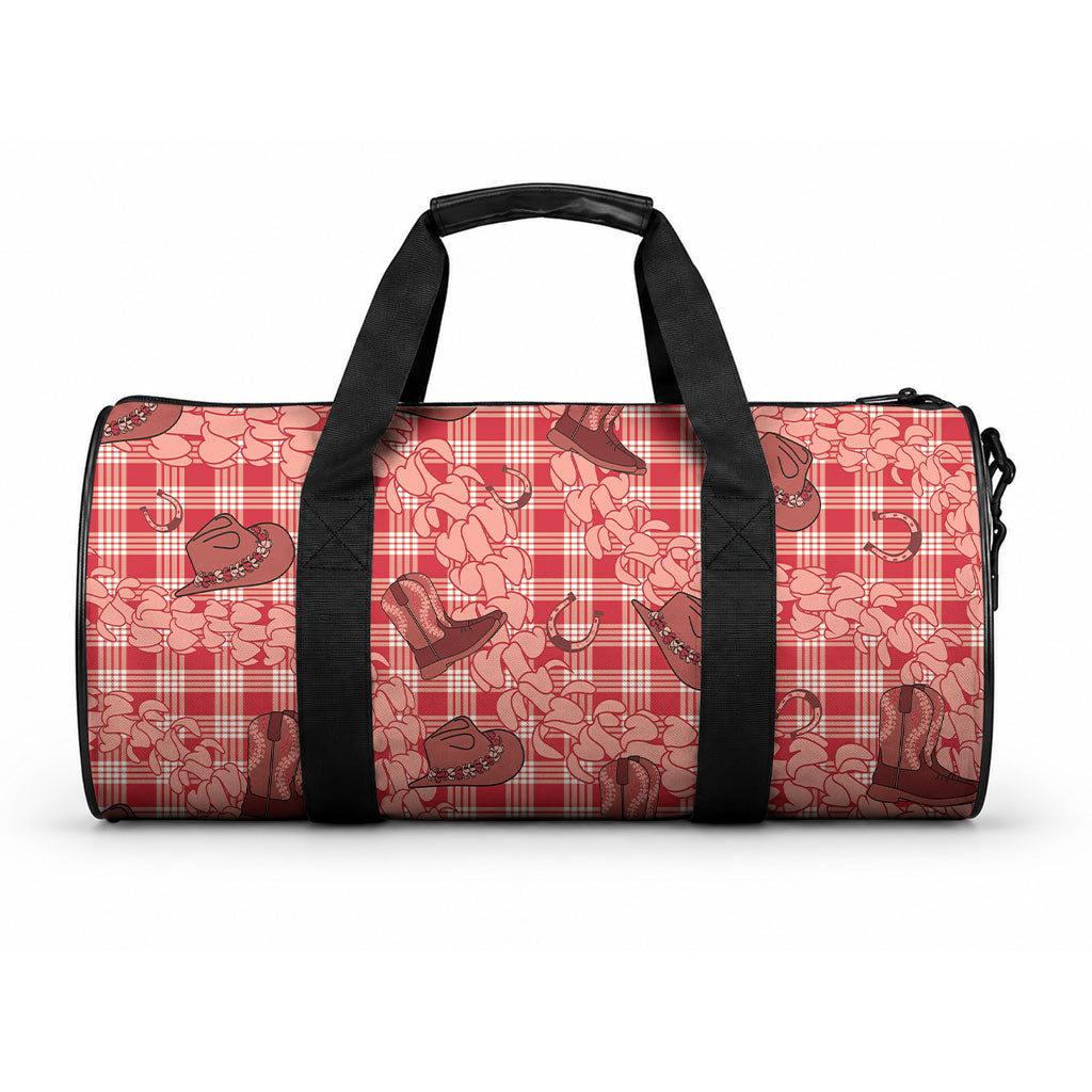 Red Palaka Hawaii Cowboy Duffle Bag Puakenikeni Lei Paniolo Papale Seamless Vibes