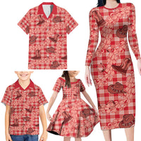 Red Palaka Hawaii Cowboy Family Matching Long Sleeve Bodycon Dress and Hawaiian Shirt Puakenikeni Lei Paniolo Papale Seamless Vibes LT14 - Polynesian Pride