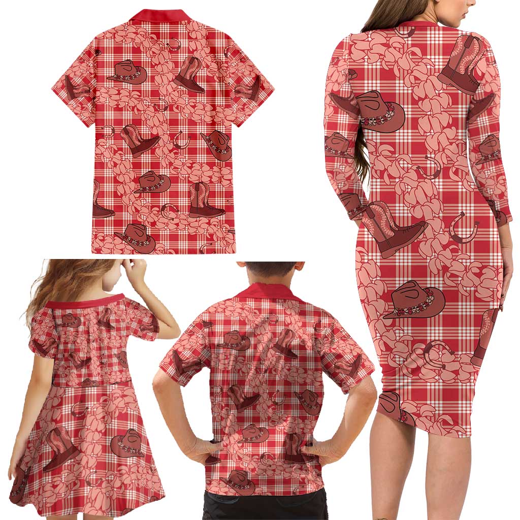 Red Palaka Hawaii Cowboy Family Matching Long Sleeve Bodycon Dress and Hawaiian Shirt Puakenikeni Lei Paniolo Papale Seamless Vibes LT14 - Polynesian Pride