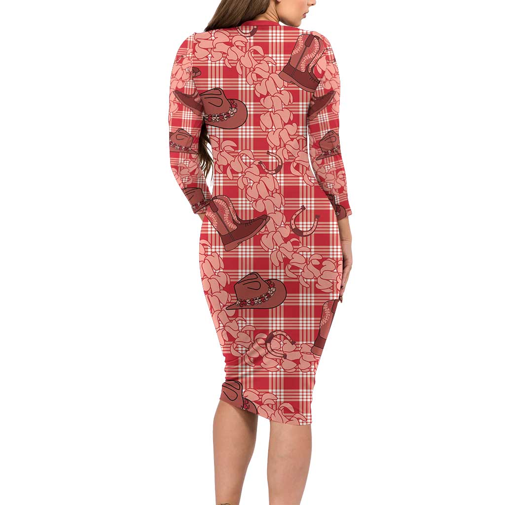 Red Palaka Hawaii Cowboy Family Matching Long Sleeve Bodycon Dress and Hawaiian Shirt Puakenikeni Lei Paniolo Papale Seamless Vibes LT14 - Polynesian Pride