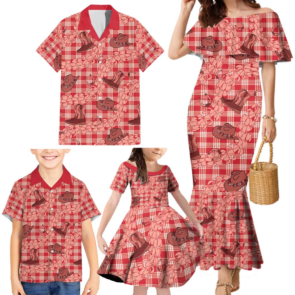 Red Palaka Hawaii Cowboy Family Matching Mermaid Dress and Hawaiian Shirt Puakenikeni Lei Paniolo Papale Seamless Vibes LT14 - Polynesian Pride